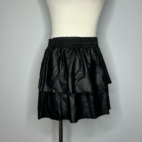 First Love- Black Pleather Skirt with 2 Ruffle Layers - Picture 1 of 4